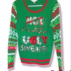 Ugly Christmas sweater green and red candy cane sleeve size M
